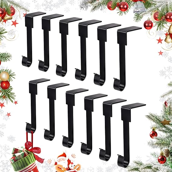 12 Pack Christmas Stockings Holder for Mantel, Christmas Fireplace Hanger Hooks, Non-Slip Stocking Hooks for Christmas Party Decorations (Black)