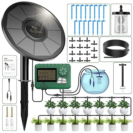 Solar Automatic Irrigation System TRJZWA 2025 Drip Irrigation System Kit with DIY Water Timer for Balcony,Greenhouse,Garden Watering System Supports 15 Potted Plants for Outdoor/Indoor Gardening