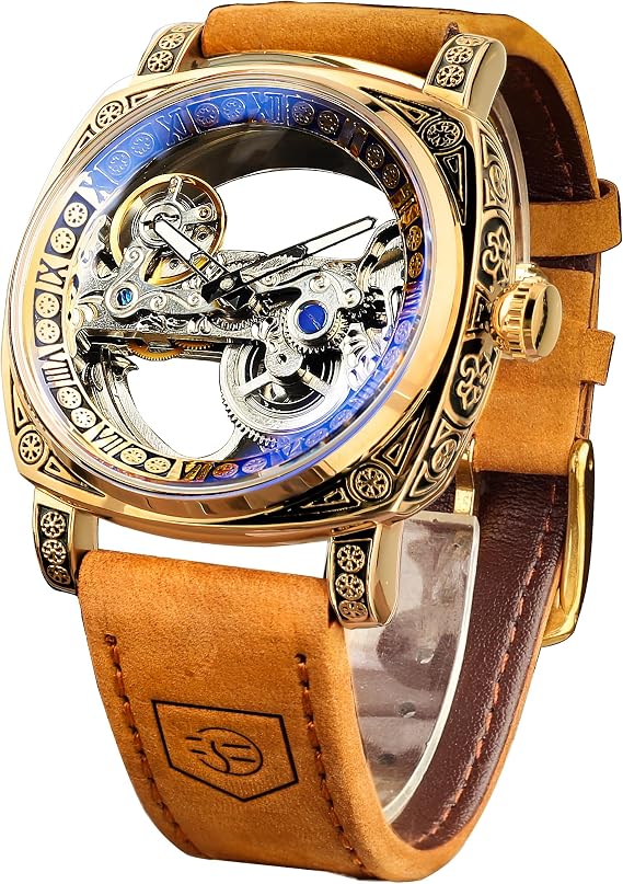 FORSINING Men's Luxury Square Carving Mechanical Watch, Retro Totem Double Sided Hollow Skeleton Automatic Watch Vintage Leather Strap Wrist Watch Reloj para Hombre, Braun, Retro