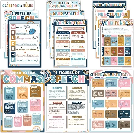 chiazllta 12Pcs Educational English Grammar Poster Classroom Decoration Parts of Speech Chart Posters English Bulletin Board for Teachers Middle High School Decor Supplies Classroom Must Haves(Boho)