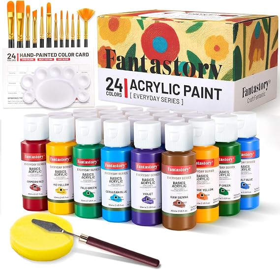 Fantastory 60ml 24 Colors Acrylic Paint Set with 12 Brushes