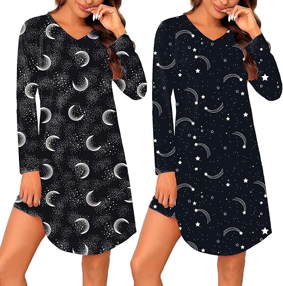 Marvmys 2 Pack Nightgowns for Women Long Sleeve Night Shirts Sleepwear V Neck Night Gown for Adult Women S-3XL