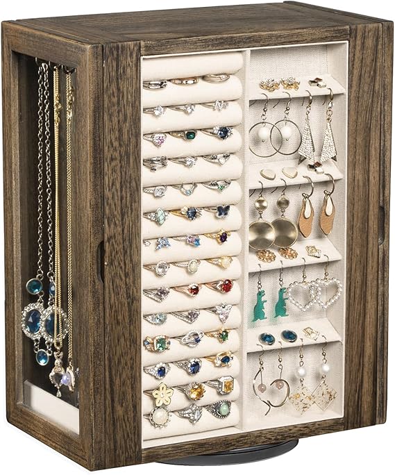 Emfogo 360 Rotating Jewelry Box for Women, Rustic Wooden Jewelry Organizer Box with 5 Drawers, Glass Doors, Vertical Open Design Jewelry Storage Case Display for Earrings Rings Necklaces Bracelets
