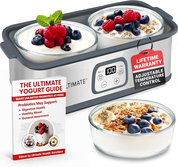 Ultimate Probiotic Yogurt Maker with Adjustable Time & Temperature Control, Make Trillions of Probiotics for Better Gut Health, Two 1-Quart Containers for Larger Batches, UN