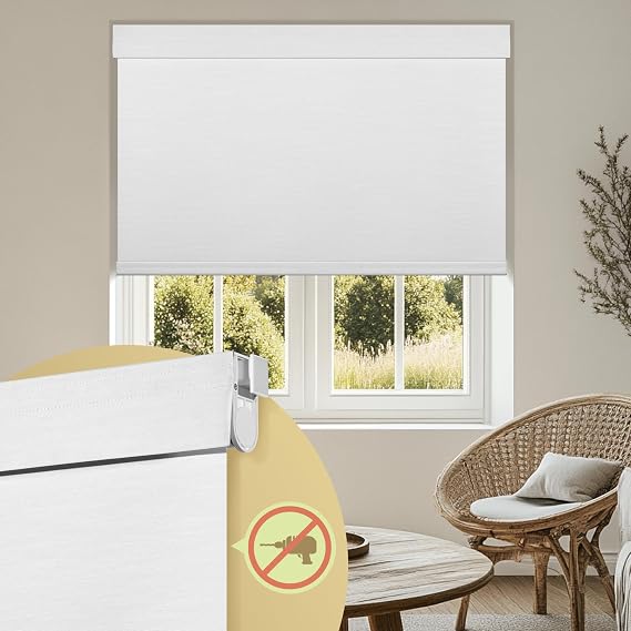 No Drill No Tools Roller Shades for Windows, Blackout Cordless Jacquard Fabric Roller Blinds for Indoor Windows, Easy to Install Window Shades for Home, Office, Pure White, Custom Size
