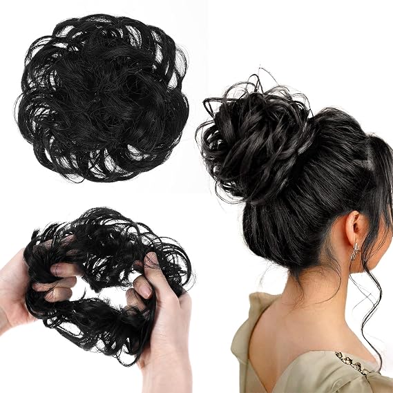 Bremorou Messy Bun Hair Piece, Fake Hair Bun Messy Scrunchies Wavy Curly Chignon Ponytail Extensions Synthetic Thick Tousled Updo Thick Updo Hairpiece For Daily Wear Real Ponytail Extension(Black)