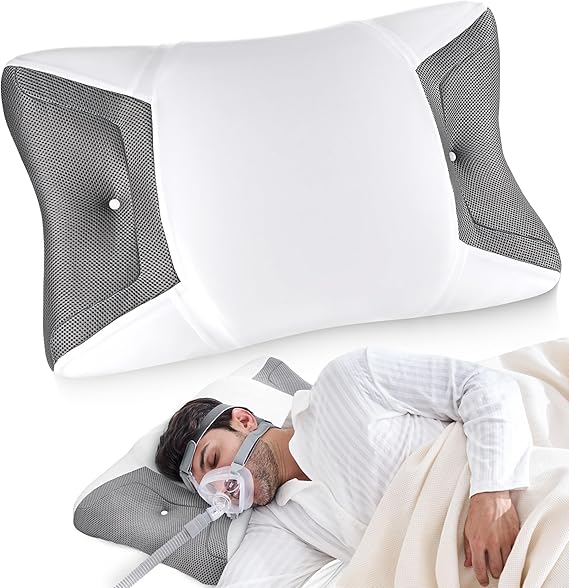 CP-AP Pillow for Side & Back Sleepers, Sleep Apnea Ergonomic Orthopedic Pillow, Reduces Air Leaks, Compatible with Various CP-AP Masks, Cervical Memory Foam Pillow with Cooling Breathable Cover