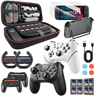 AceGamer Pro Controllers Accessories Bundle for Nintendo Switch 2 17-in-1: Carrying Case, Screen Protector, Dockable Console Protective Cover Shell, Grip for Switch 2 Joycons, Steering Wheel, Thumb, Card Case