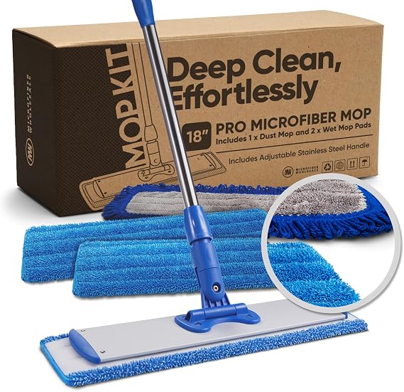 18 Pro Microfiber Hardwood Floor Mop - Cleans Floor in Seconds | Dust & Wet Mopping | Hardwood, Tile, Laminate & Vinyl with 3 Washable Pads, No Buckets Needed with Deluxe Household Mop
