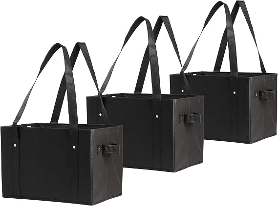 Earthwise Eco-Friendly Reusable Box Tote in Black, Collapsible Grocery Bag with Reinforced Structure Foldable Shopping Tote for Groceries & Everyday Use (3-pack)