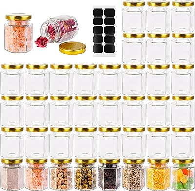 Small Glass Honey Jars with Lids 3oz,40 pack Airtight Canning Jars with Gold Lids,Hexagon Glass Jars for Spice,Jam,Foods,Liquid,Baby Shower Favors,Wedding Favors,40 Labels