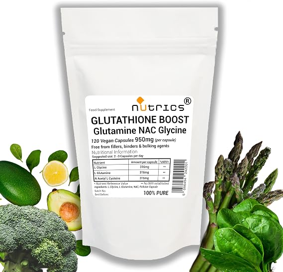 950mg per Capsule Glutathione Boost NAC Glutamine Glycine Complex 60 V Capsules - 100% Pure No Additives - N Acetyl L Cysteine - L Glutamine - L Glycine