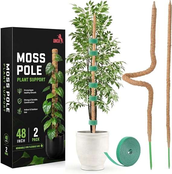 UNCO- Bendable Moss Pole Monstera Plant Support, 48 Inch, 2 Pack, 10 Feet Plant Ties, Moss Poles for Climbing Plants and Monstera Trellis 