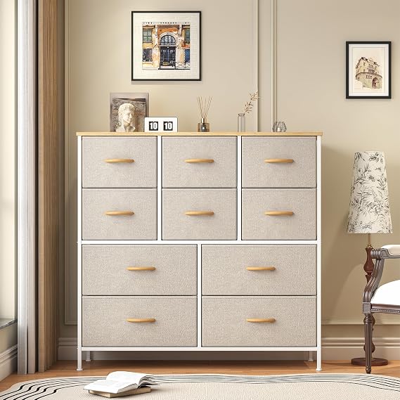 Feonase Chest of Drawers,Bedroom Tall Dresser with 10 Fabric Drawers, Metal Frame & MDF Wood Top, Adjustable Feet, Storage Organizer Unit for Bedroom, Closet, Living Room, Office Hallway, Khaki
