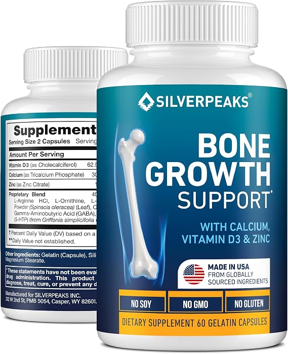 Bone & Natural Growth Support for Kids & Teens - Calcium, Zinc, D3 - 60 pcs