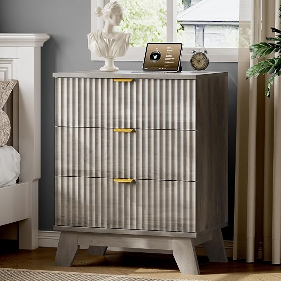 Xixini Fluted Nightstand with Charging Station, Tall Bedside Table, Grey