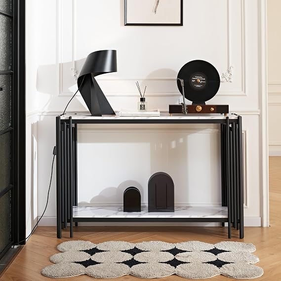 Elegant 2 Tier White Marble Console Table, Luxury Living Room Sofa Table with Black Geometric Frame, 48" Long Modern Entryway Table, Narrow Hallway Entrance Table with Adjustable Feet