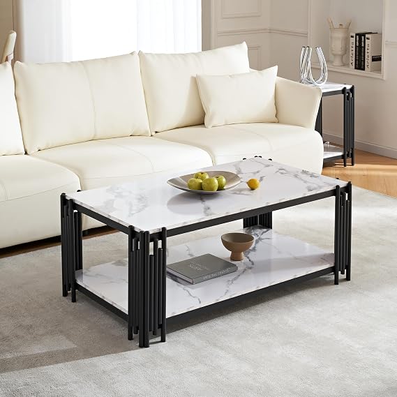 48" Rectangle White Marble Coffee Table Luxury 2-Tier Center Coffee Table with Black Metal Frame Modern Living Room Table Elegant Accent Cocktail Tea Table with Storage Shelves