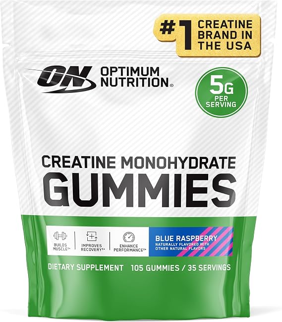 Optimum Nutrition Creatine Monohydrate Gummies, Blue Raspberry Flavor, 105 Count, 35 Servings, 5g Creatine per Serving (Packaging May Vary) | Great-tasting Gummy with 5g Creatine Per Serving, Naturally Flavored, Supports Muscle Strength, Aids Workout Recovery