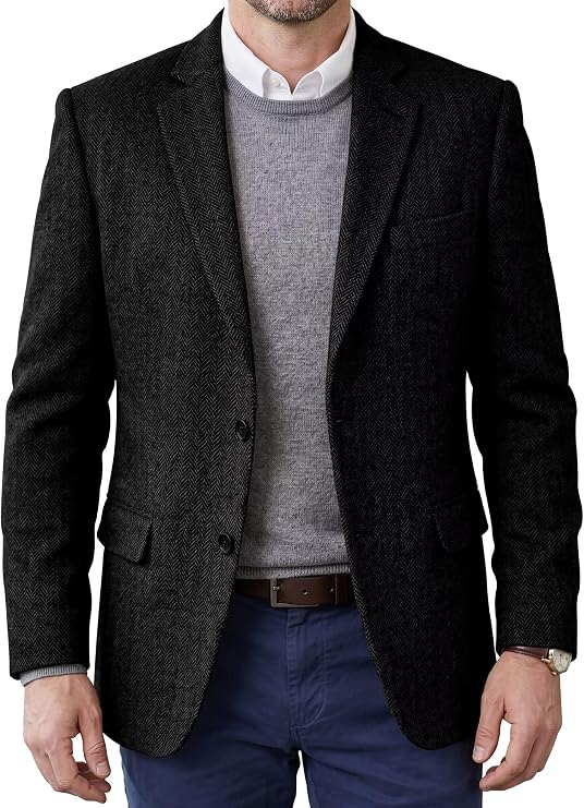 Men's Tweed Blazer Jacket 2 Button Herringbone Casual Prom Jackets