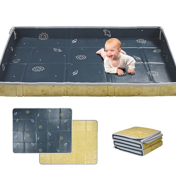 Taf Toys Foldable Soft Foam Baby Play Mat Waterproof Reversible Kids Play Mat for Floor Soft Foam Playmat Babies & Toddlers Extra Large 59.1"71" Double-Sided Mat with Fold-Up Sides - Blue