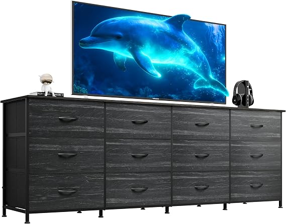 WLIVE Dresser TV Stand for 85 Inch TV, 12 Drawer Dresser, Black Wood Grain