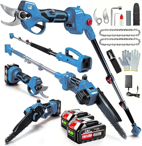 4-in-1 Pole Saw & Electric Pruning Shears, Brushless 8-Inch Mini Chainsaw, Cordless Pruning Shears with 16ft Max Angle Adjustment Extension Pole, 2 * 4.0Ah Battery Powered, for Tree Trimming & Garden