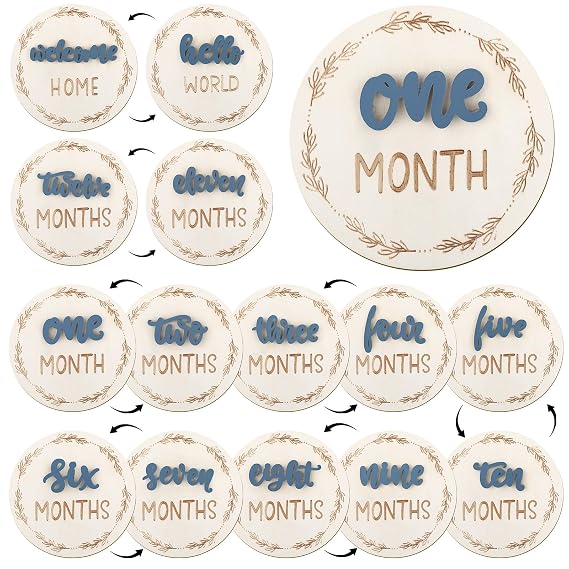 Baby Monthly Milestone Cards, Wooden 3D Baby Milestone Signs, Double Sided Blue Monthly Baby Milestone for Newborn Boy Girl 1-12 Months Photos