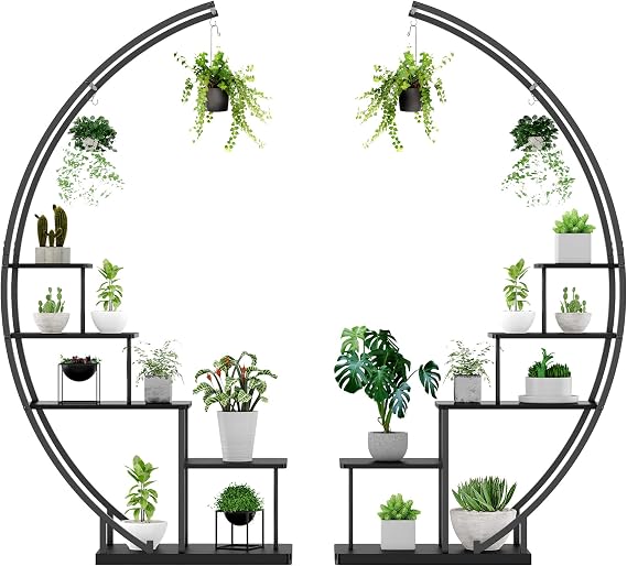 JAHRSTIM Rio 5 Tier Tall Plant Stand Indoor, Half Moon Shape Hanging Plant Shelf Flower Stand Ladder Metal Frame for Home Patio Lawn Garden,Black Set of 2