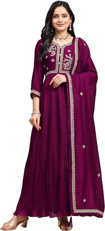 TRENDMALLS Women's Art Silk Embroidery Work Anarkali Kurta Pant with Net Dupatta Set For Women