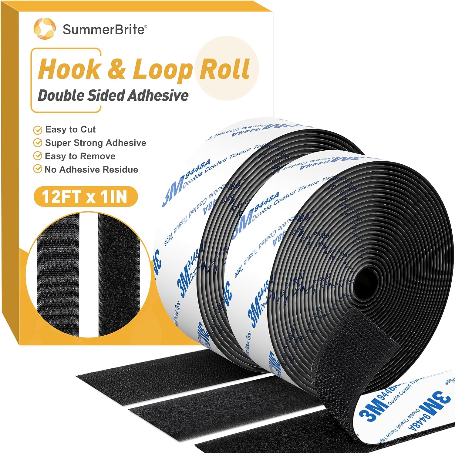 12Ft x 1 Inch Hook and Loop Tape, Heavy Duty Double-Sided Adhesive Strips, Strong Sticky Back Fastener, Cuttable Interlocking Tape Fasteners for Home, Office, Car, School & DIY Crafts Black