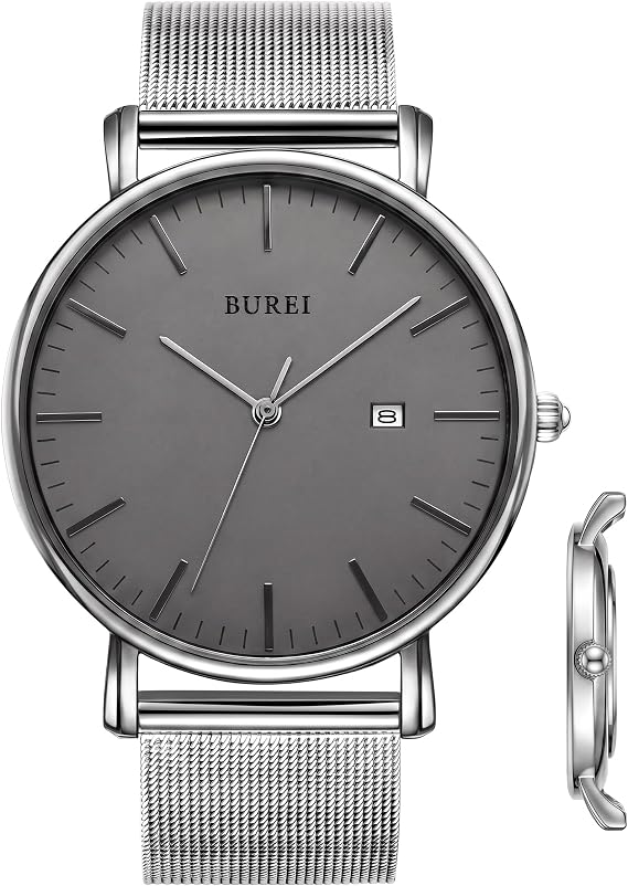 BUREI Herrenuhr minimalistisch analoge Quarzuhr wasserdichte ultradünne Herrenuhr mit Lederarmband Männergeschenk