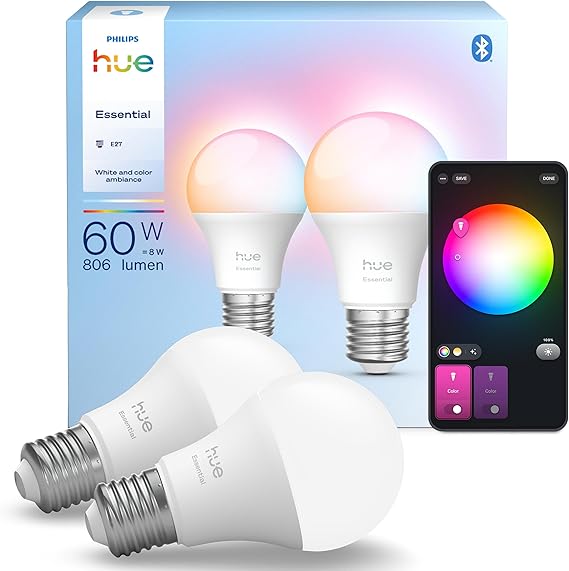 Philips Hue Essential 8W E27 806 Lumen Renkli Akıllı Ampul A60 (2'li Ekopaket) - 25.000 Saat Ampul Kullanım Ömrü [Enerji Sınıfı D]