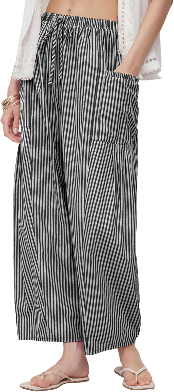 Yeokou Women Wide Leg Pants Casual Striped Cotton Mid Rise Drawstring Palazzo Trousers with Pockets