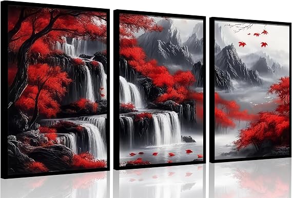 Red Forest Waterfalls Canvas Wall Art Grey Mountains Lake and Red Trees Landscape Pictures Wall Decor Black and White Natural Scenery Poster Painting Prints for Living Room Bathroom Office Decorate