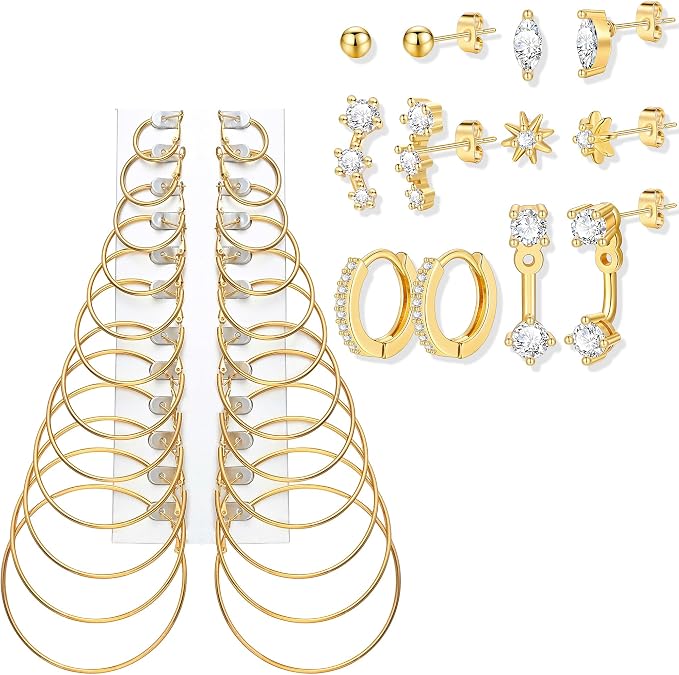 6 Pairs 14K Gold Plated Stud Earrings & 12 Pairs 14K Gold Hoop Earrings for Women