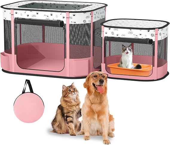 Portable Cat Playpen with Litter Box Area, Foldable Pet Dog Playpen
