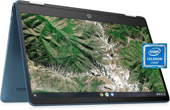 HP Laptop X360 14a Chromebook 14" HD Touchscreen, Entertaining from Any Angle Intel Celeron, 4GB DDR4 64GB eMMC WiFi Webcam Stereo Speakers Bluetooth 4.2 Chrome Blue Metallic Color