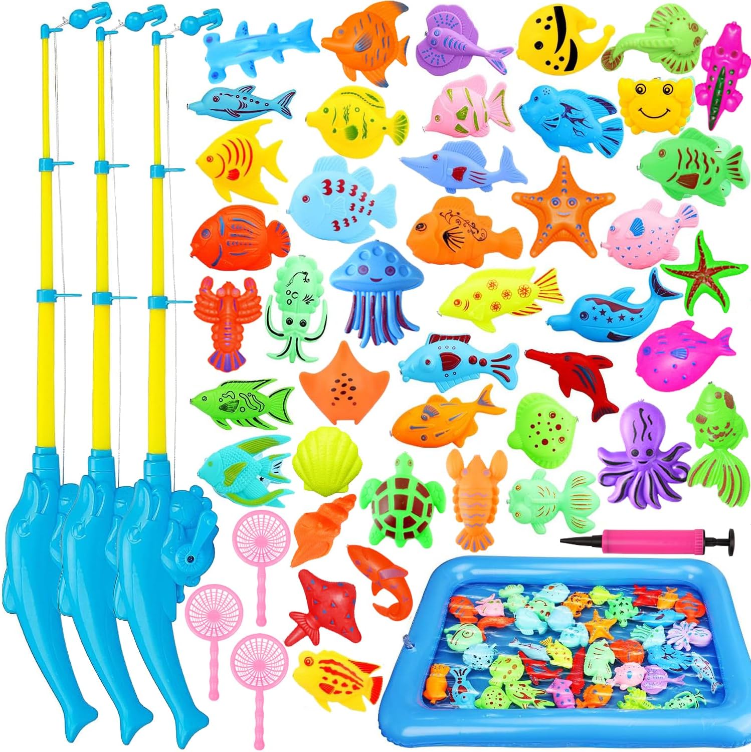 Water Play Toy Fishing Game Bath Pool Toy 54-Piece Set Extendable Magnetic Fishing Rod Fishing Game Festival Party Educational Toy Lawn Play Toy for Children Boys Girls Popular Birthday Gift Christmas