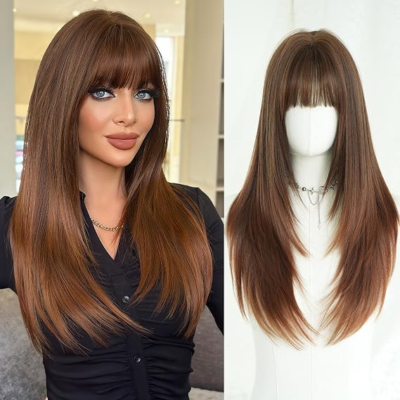 7JHH WIGS 26in Medium Reddish Brown Long Straight Wigs with Bangs Natural Reddish Chocolate Brown Heat Resistant Synthetic Fiber Layered Bangs Women Wigs for Chrismas Daily Party Daily Used