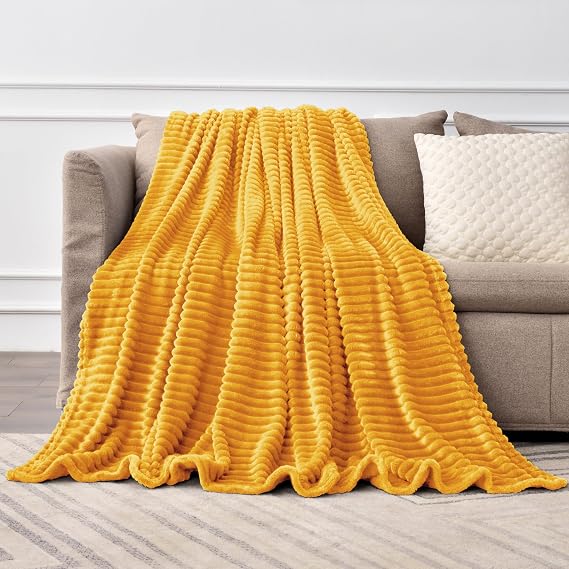 BEDELITE Ribbed Mustard Yellow Fleece Throw Blanket for Couch, 50x70 Inch | Soft Warm Decorative Fluffy Blanket, Cozy Plush Lightweight Fuzzy Throw Blanket for Bed Sofa Home Room Decor, Gift for Women