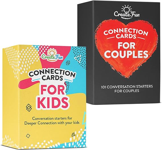 CreateFun Couple and Kids Conversation Cards 2-in-1 Bundle 200+ Carefully Curated Questions Conversation Starters for Intimate Dinners, Road Trips, Family Reunions, Romantic Dates, and More