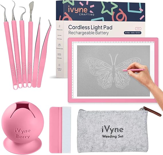 iVyne Complete Set Rechargeable A4 Light Pad, Weeding Tools for Vinyl, Weeding Scrap Collector for Cricut and Silhouette Machines for Weeding, Tracing, Drawing Projects - Pink