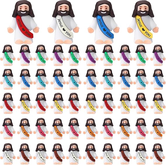 AKFAHOIF 50PCS Mini Jesus Figures Jesus Loves You Little Jesus Figures Hide and Seek Religious Party Favors Sunday School Baptism Gifts