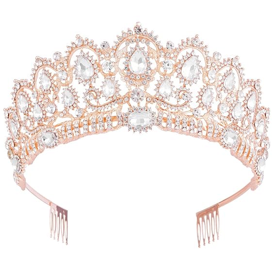 Crowns for Women, Rose Gold Tiara Baroque Vintage Headband Crystal Rhinestone Hair Jewelry for Women Queen Girl Bride Princess Birthday Wedding Pageant Prom Halloween Costume Party with Combs