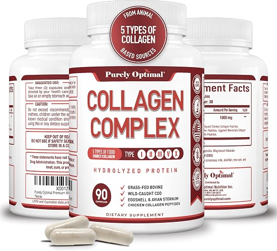 Purely Optimal Premium Multi Collagen Peptides Capsules (Types I, II, III, V, X) - Hair, Skin and Nails, Digestive & Joint Health Supplement, Hydrolyzed Collagen Pills (90 Capsules)