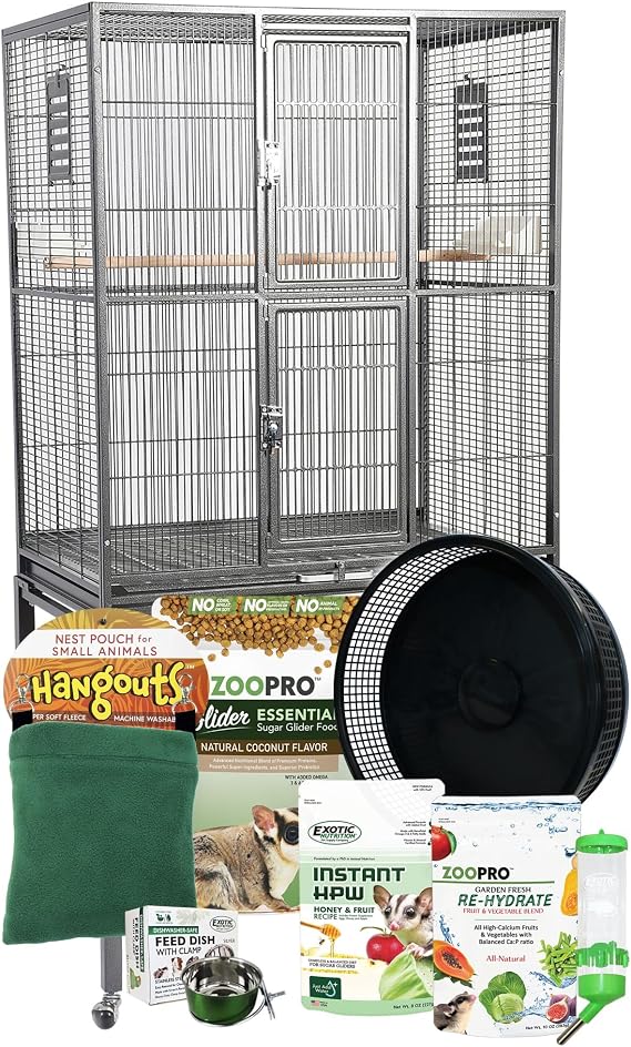 Brisbane Cage & Starter Package for Sugar Gliders - Includes Durable Cage, Healthy Food Variety, Exercise Wheel, Food Dishes, Water Bottle & Nest Pouch
