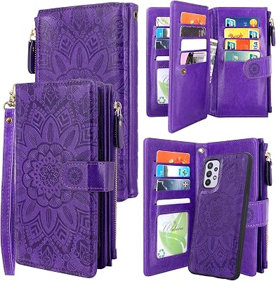 Harryshell Detachable Magnetic Zipper Wallet Leather Case with Cash Coin Pocket 12 Card Slots Holder Wrist Strap Lanyard for Samsung Galaxy A32 5G 2021 Flower Purple