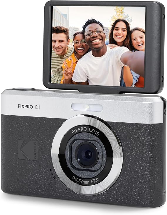 KODAK PIXPRO C1 13MP Compact Digital Camera, 26mm Fixed Lens, Black | 1080p Full HD Video, 2.8 Inch 180 Degree Flip Screen, F2.0 Lens, Digicam, Built-in Li-Ion Battery, Selfies