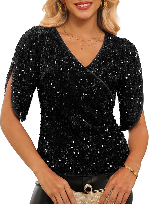 GRACE KARIN Womens 3/4 Length Sleeve Sequin Tops V Neck Velvet Ruched Blouses 2026 Glitter Trendy Party Outfit